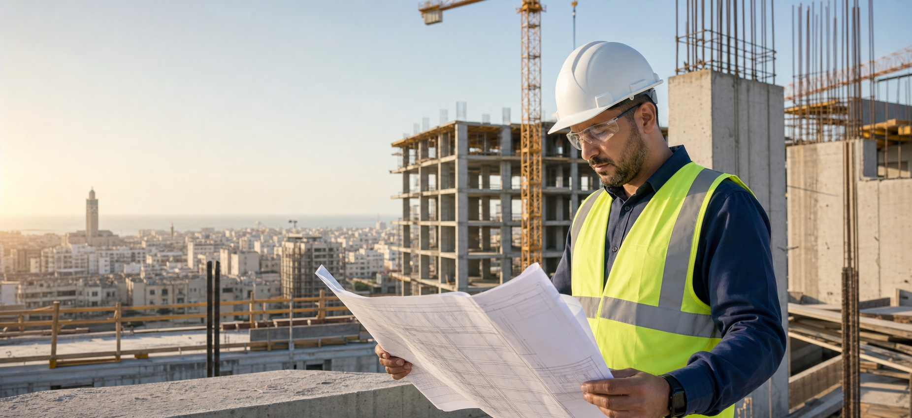 Inspecteur qualité consultant les plans d’un chantier à Casablanca